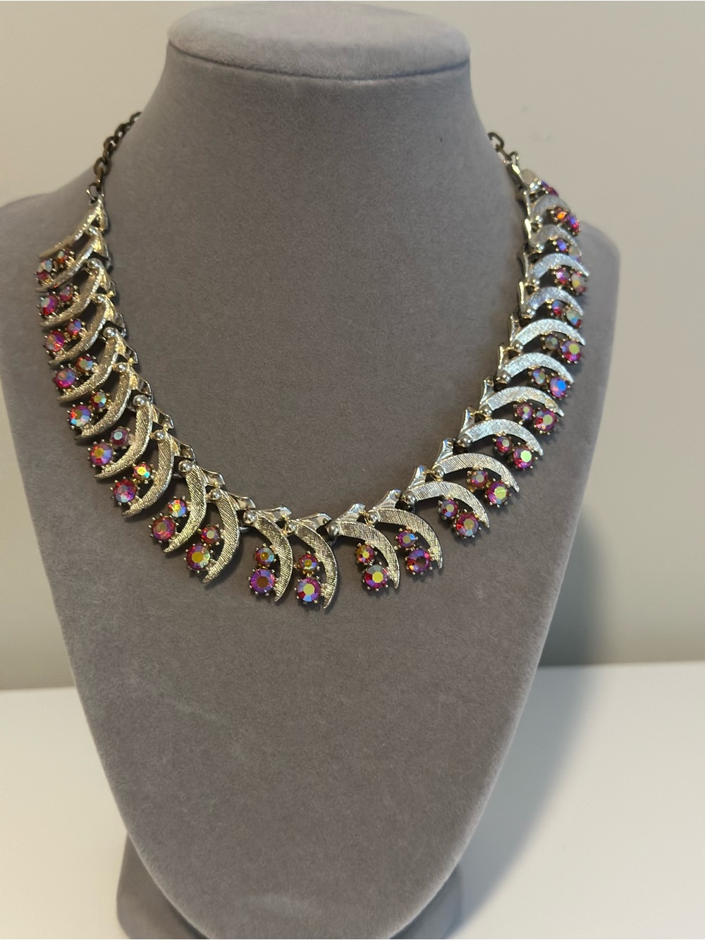 AB Rhinestone Crescent Statement Necklace Adjustable 16” - Picture 3 of 7